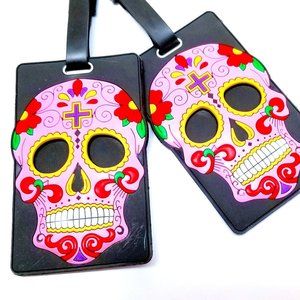 Set of 2 Sugar Skull Luggage Tag Backpack ID Suitcase PINK